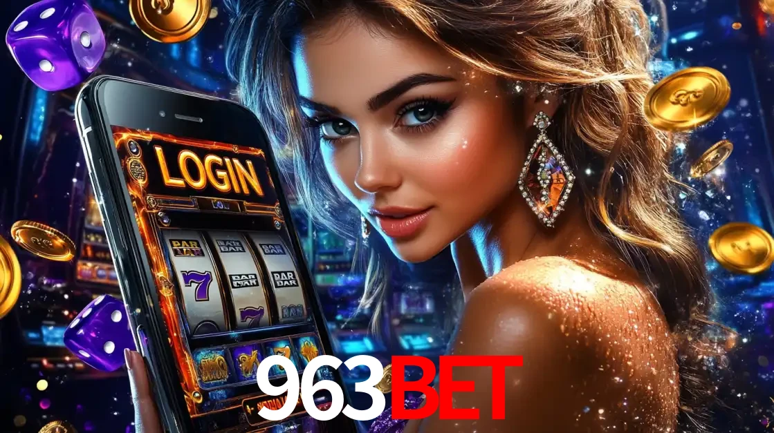 Mulher glamorosa segurando um smartphone com a tela de login para os jogos de caça-níqueis do cassino online 963bet, com moedas de ouro e dados ao redor.