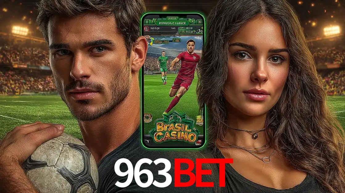 Homem segurando uma bola de futebol e uma mulher ao lado de um smartphone exibindo o jogo de apostas esportivas da 963bet. Faça seu palpite no cassino online.